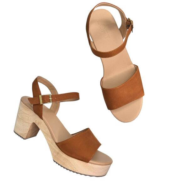 Ann Taylor LOFT Cognac Suede Leather Wooden Platform Clog Sandals Size 7.5 NIB - Picture 3 of 11